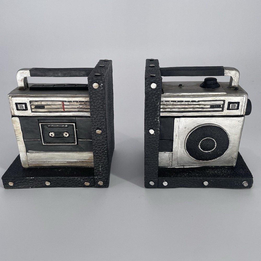 Retro Style Boombox Set‎ Bookends Polyresin Cassette Player Black Silver 5 X 5